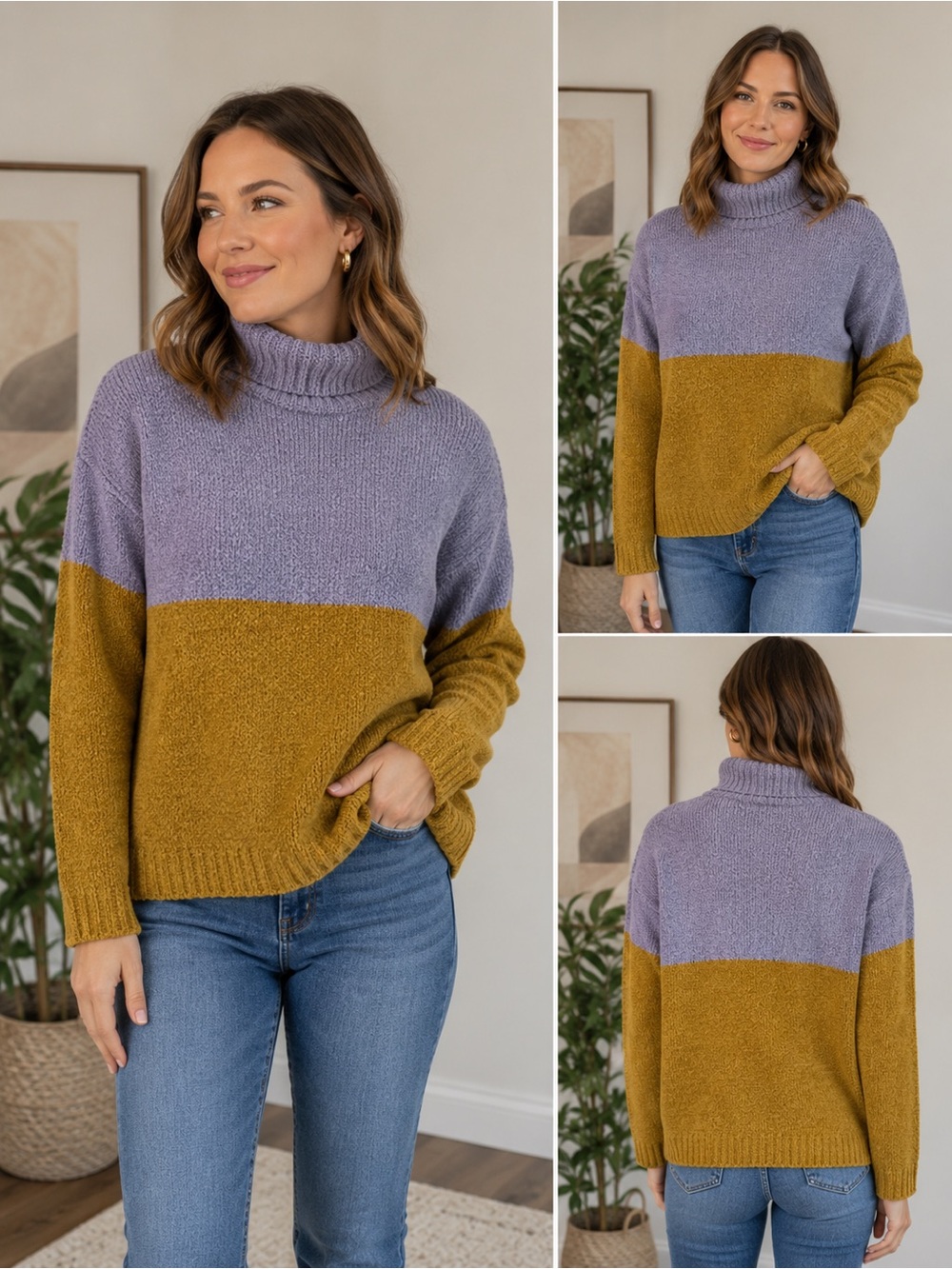 Susina Colorblock Turtleneck Sweater Lavender & Mustard Women’s Medium